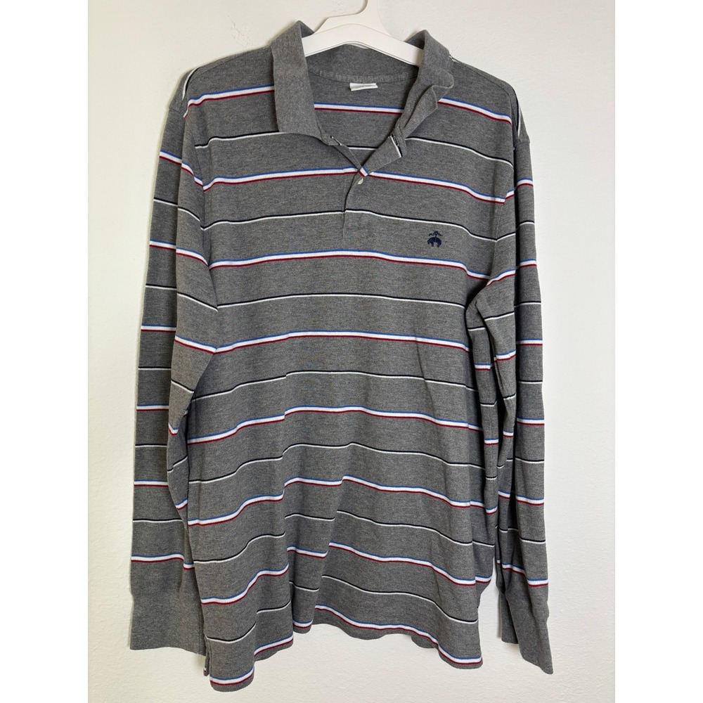 Brooks Brothers 1818 Mens XXL Slim Fit Performance Polo Long Sleeve Striped Grey